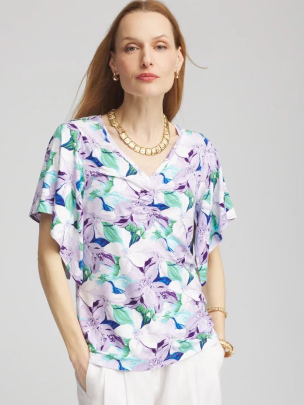 Chico's Touch of Cool Handkerchief-Sleeve V-Neck Floral Tee Resortwear Sz XXL